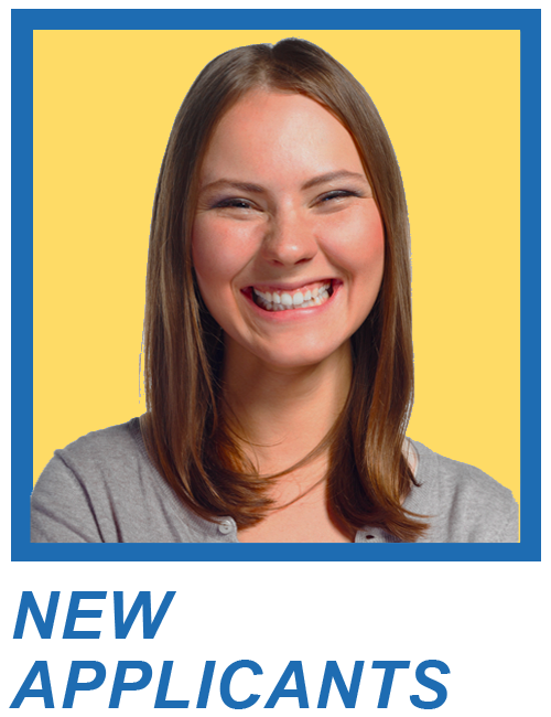 Headshot of Young Woman Smiling with the phrase New Applicants under photo