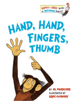 Book Cover: "Hand, Hand, Fingers, Thumb by Al Perkins" with illustration of monkey pointing with one hand to his other hand.