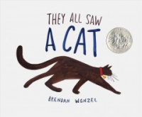 Book Cover: "They all saw a cat, by Brendan Wenzel" with illustration of a cat.