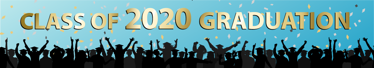 illustration of many grads in silhouette throwing confetti with the words Class of 2020 Graduation