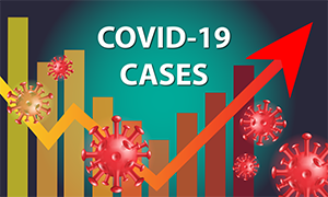 covid 19 cases graphic with arrow trending upward