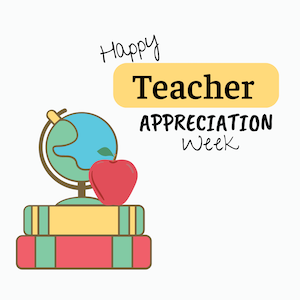 text: happy teacher appreciation week with text books, apple and globe in the background